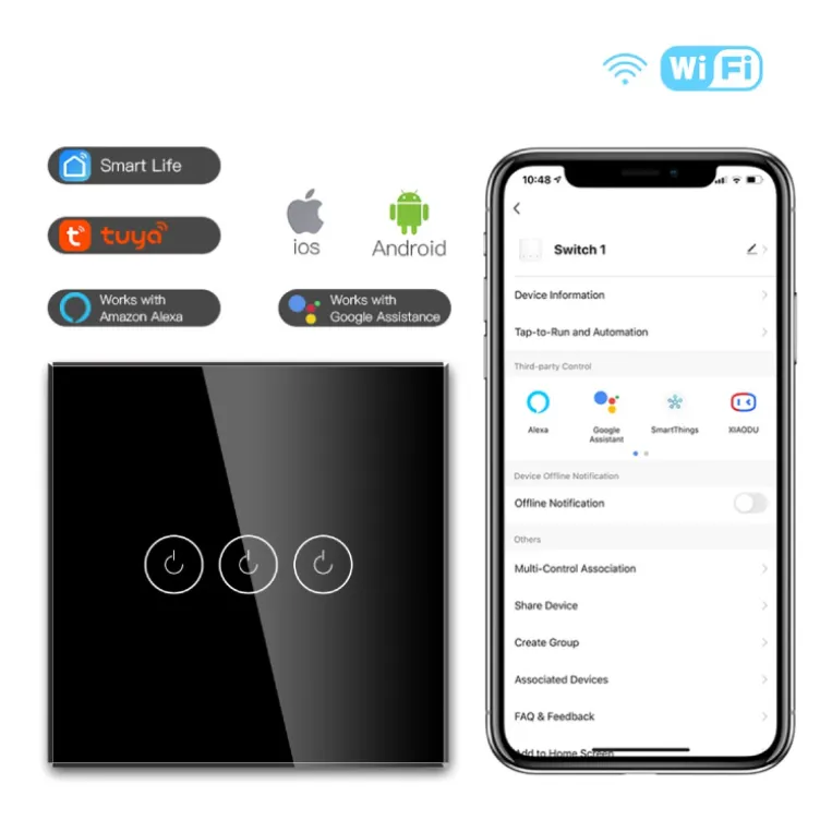 Wi-Fi smart prekidač svetla bez N provodnika 3x10A WFPS-G03/BK