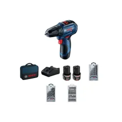 Bosch akumulatorska bušilica - odvrtač GSR 12V-30 + 39-delni set pribora; 2x2,0Ah
